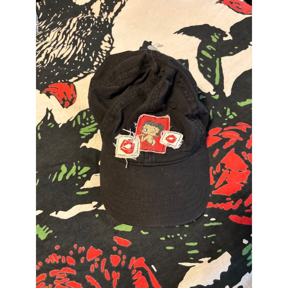 Betty Boop Black Baseball Hat Distressed Patch Red Underbrim Adjustable Cap